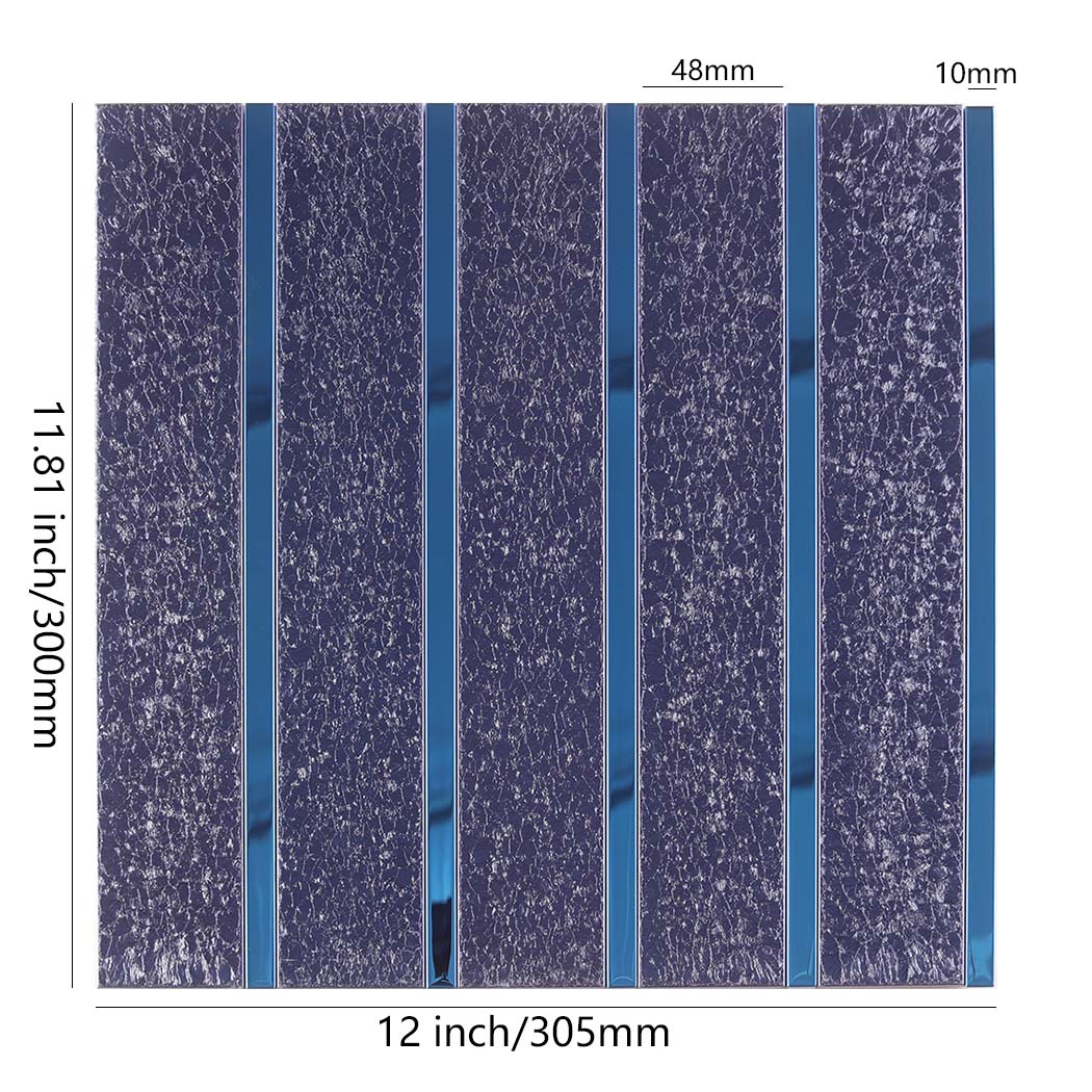 Navy blue glitter linear mosaic tile sheet with size details