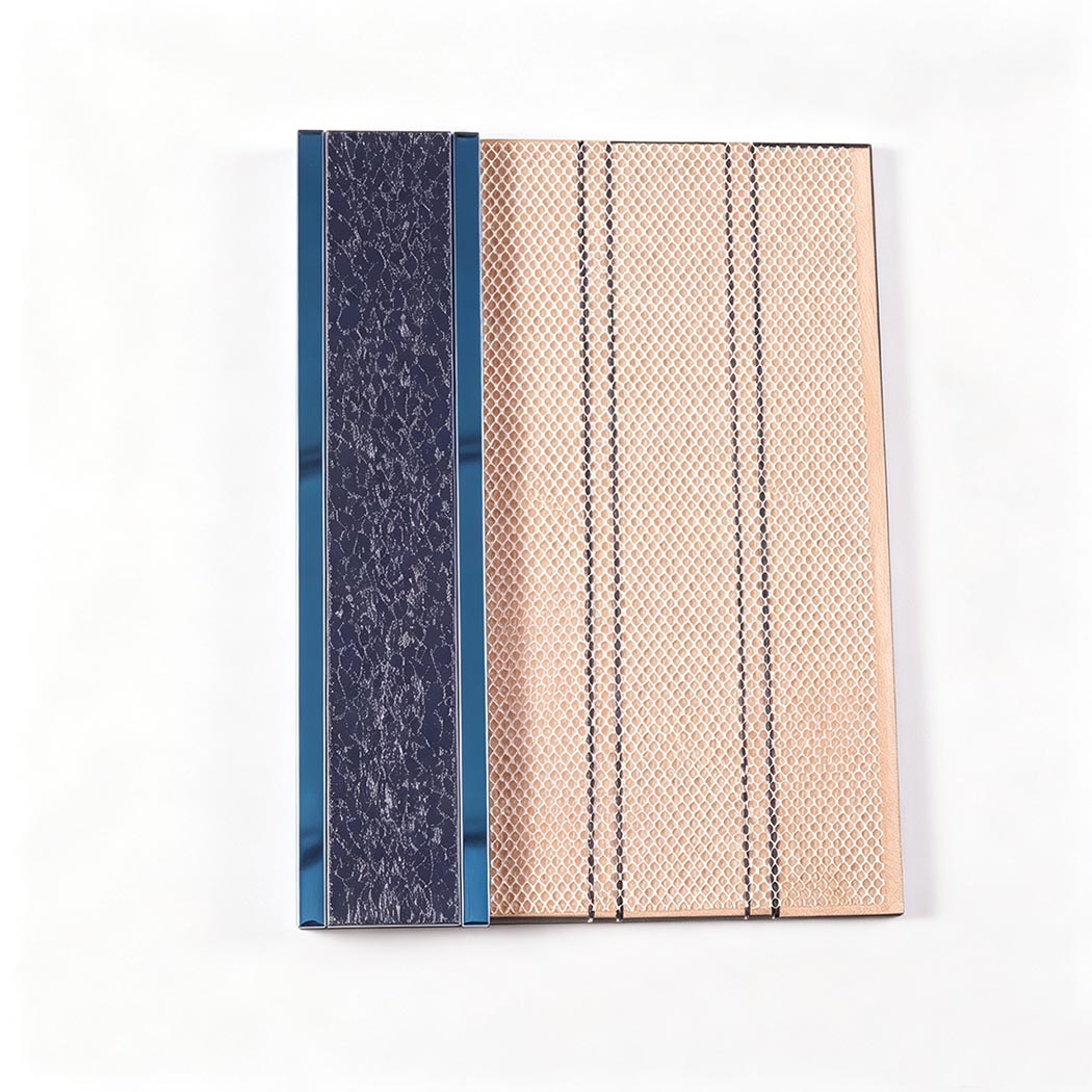 Mesh backing of navy blue glitter linear mosaic tile sheet