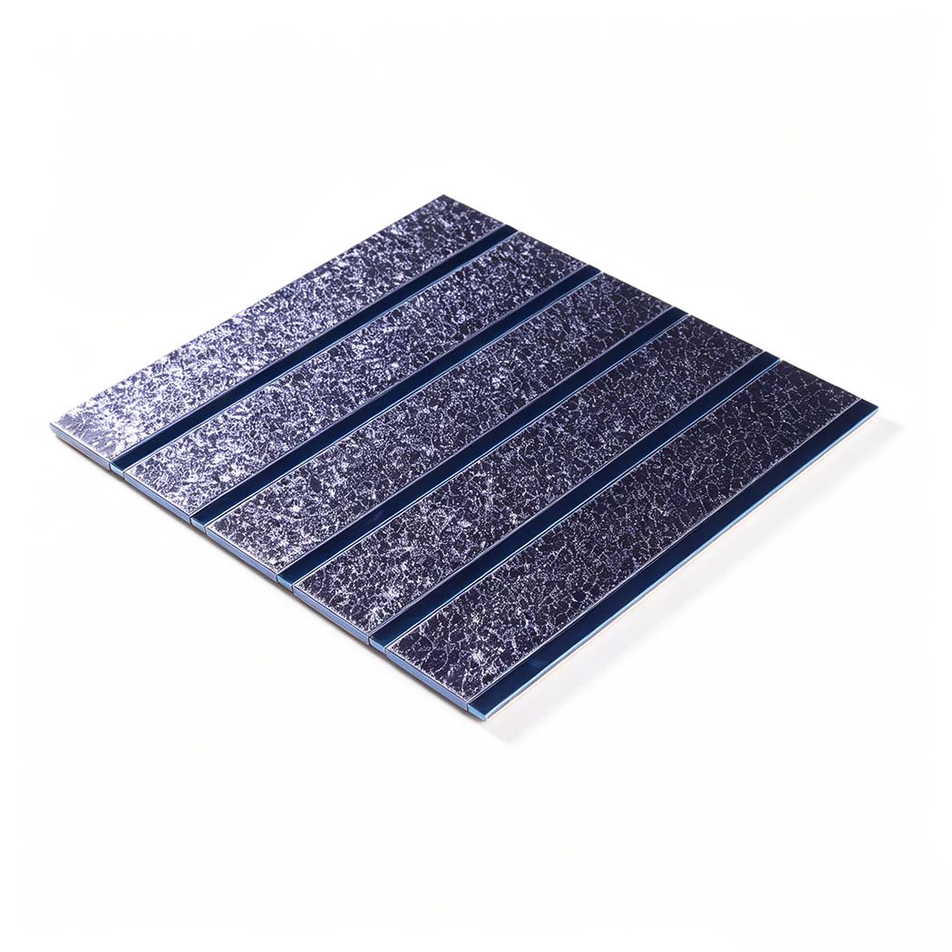 Full sheet of navy blue glitter linear mosaic tiles on a white background