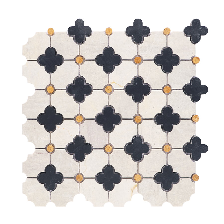 Front view of Nero Marquina and gray clover marble mosaic tile sheet.