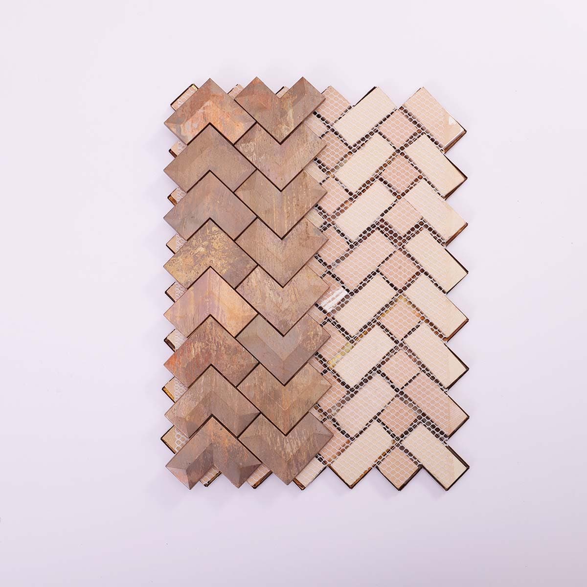 Back mesh sheet of 3D antique copper chevron tile