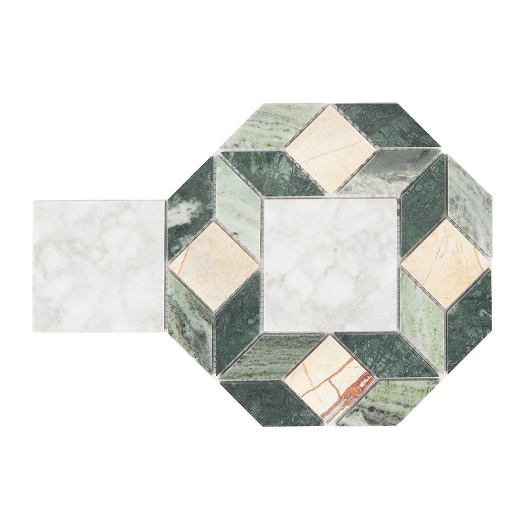 Top down view of an interlocking octagon marble mosaic with green beige and white stones.