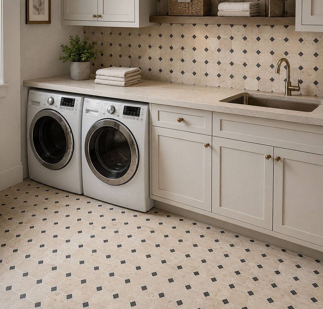 Octagonal stone mosaic tile floor and backsplash in a modern laundry room