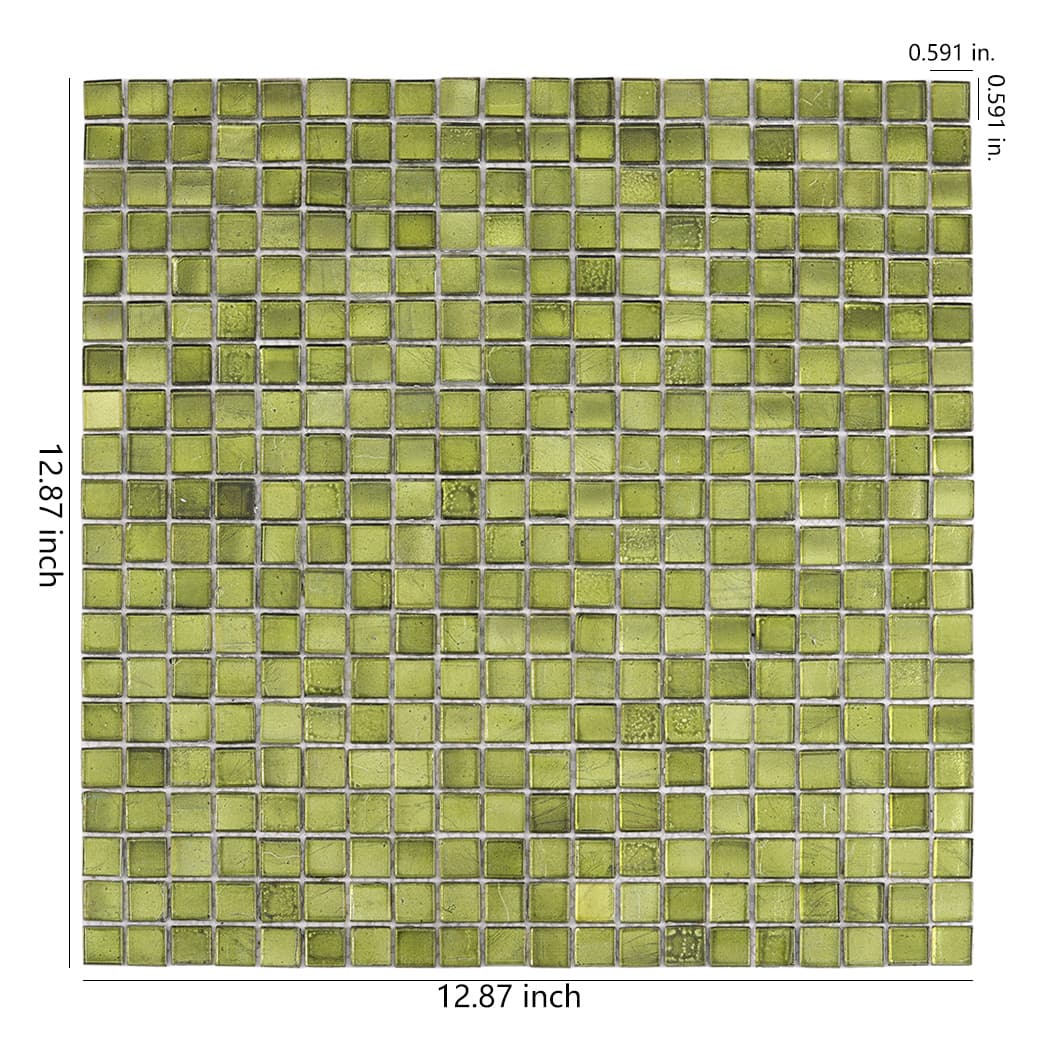 olive green glass square mosaic tile sheet with size measurements on white background