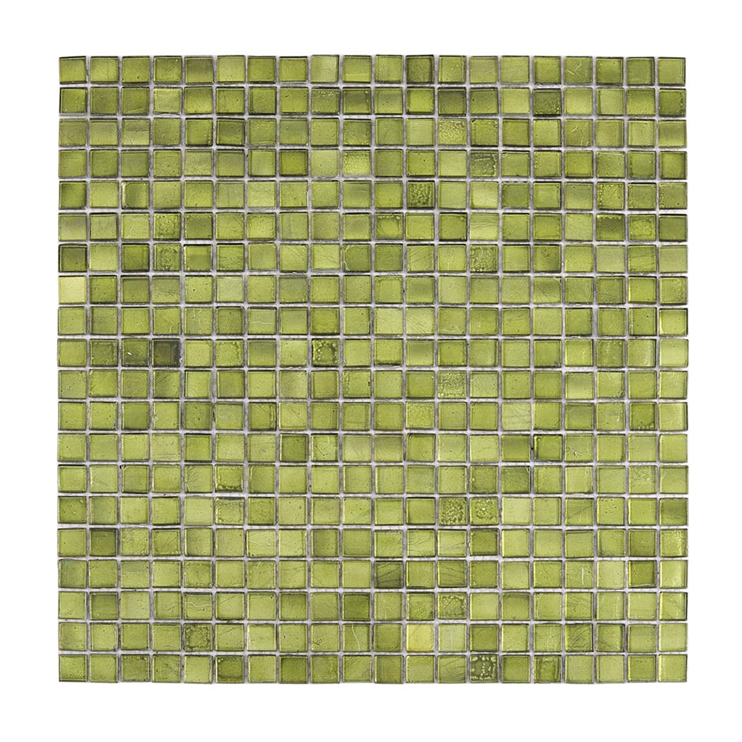 top view of olive green square glass mosaic tile sheet with uniform layout