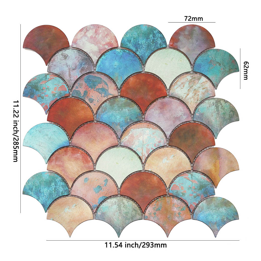 Colorful fan mosaic tile sheet with distressed aluminum tiles and dimensions