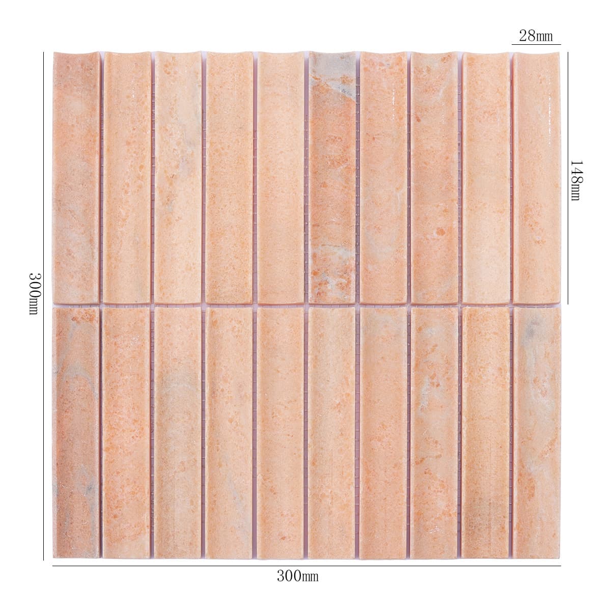 Orange fluted marble mosaic tile sheet with size dimensions