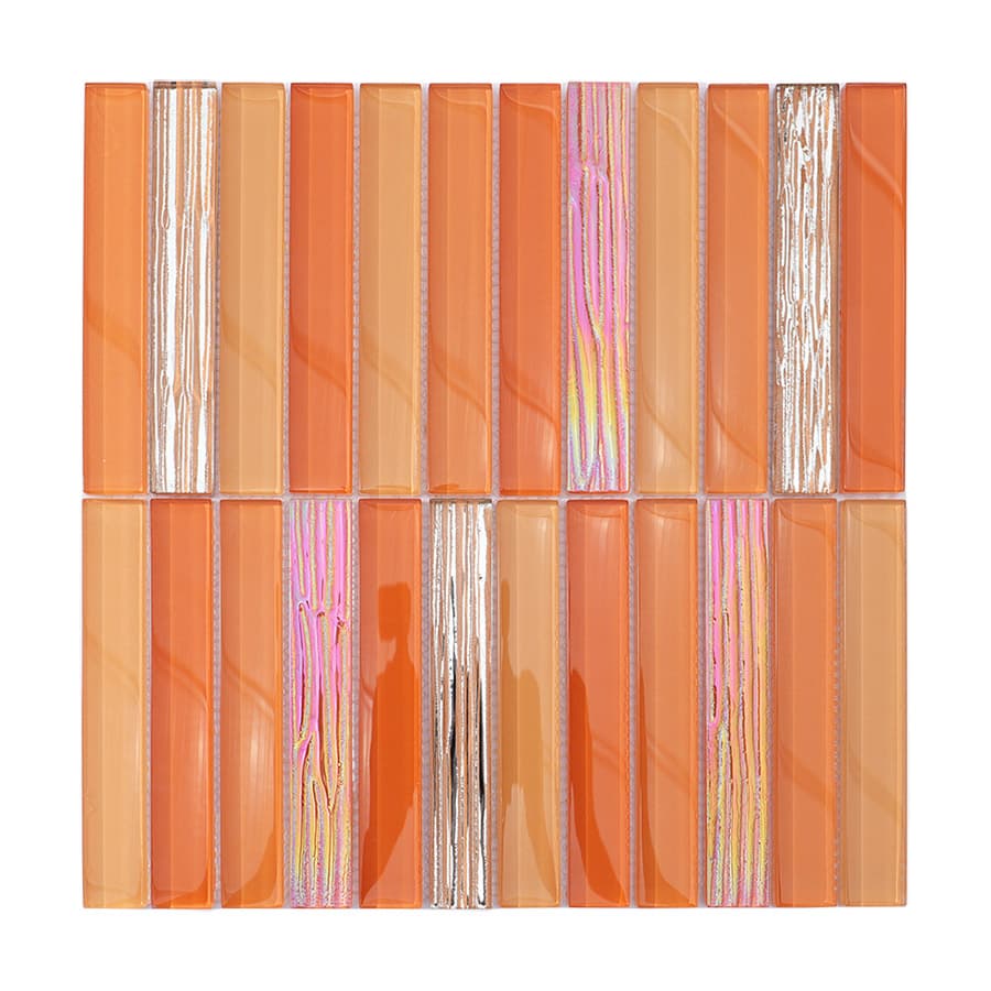 Full sheet of orange iridescent stacked crystal glass mosaic wall tile