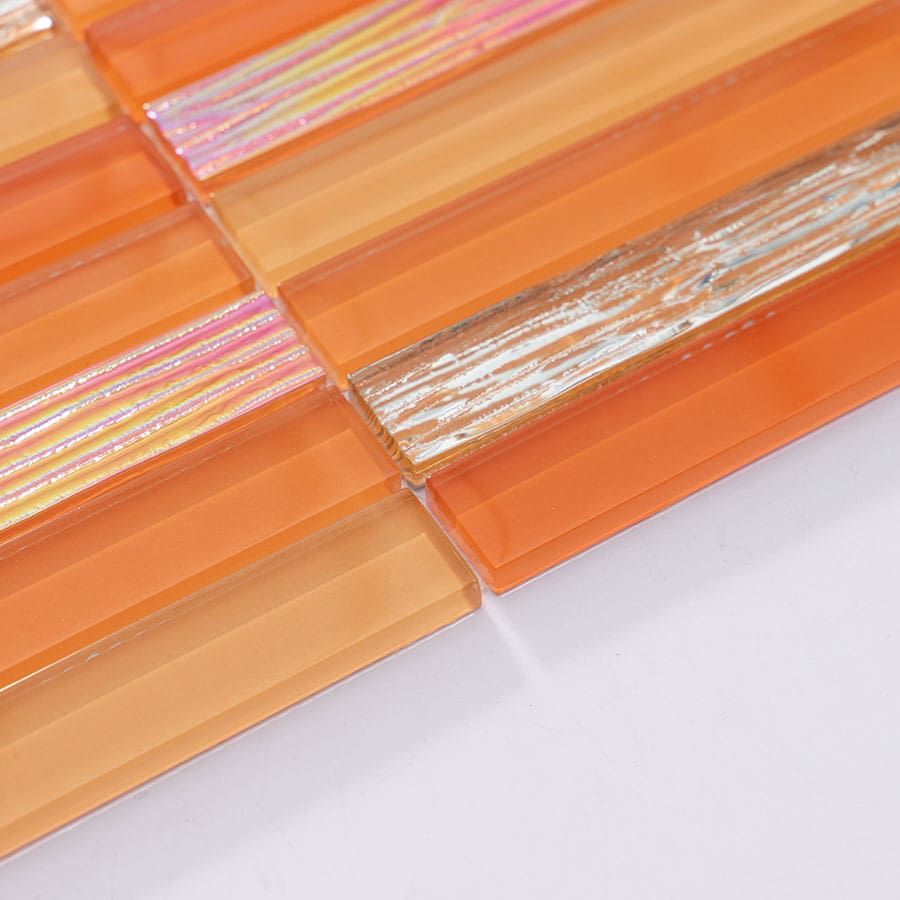 Side angle view of orange iridescent stacked crystal glass mosaic sheet