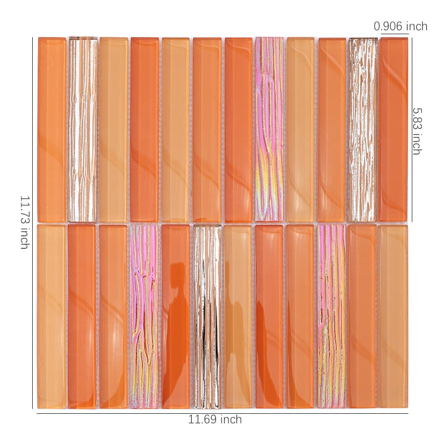 Orange iridescent rectangle crystal glass mosaic wall tile with measurement dimensions
