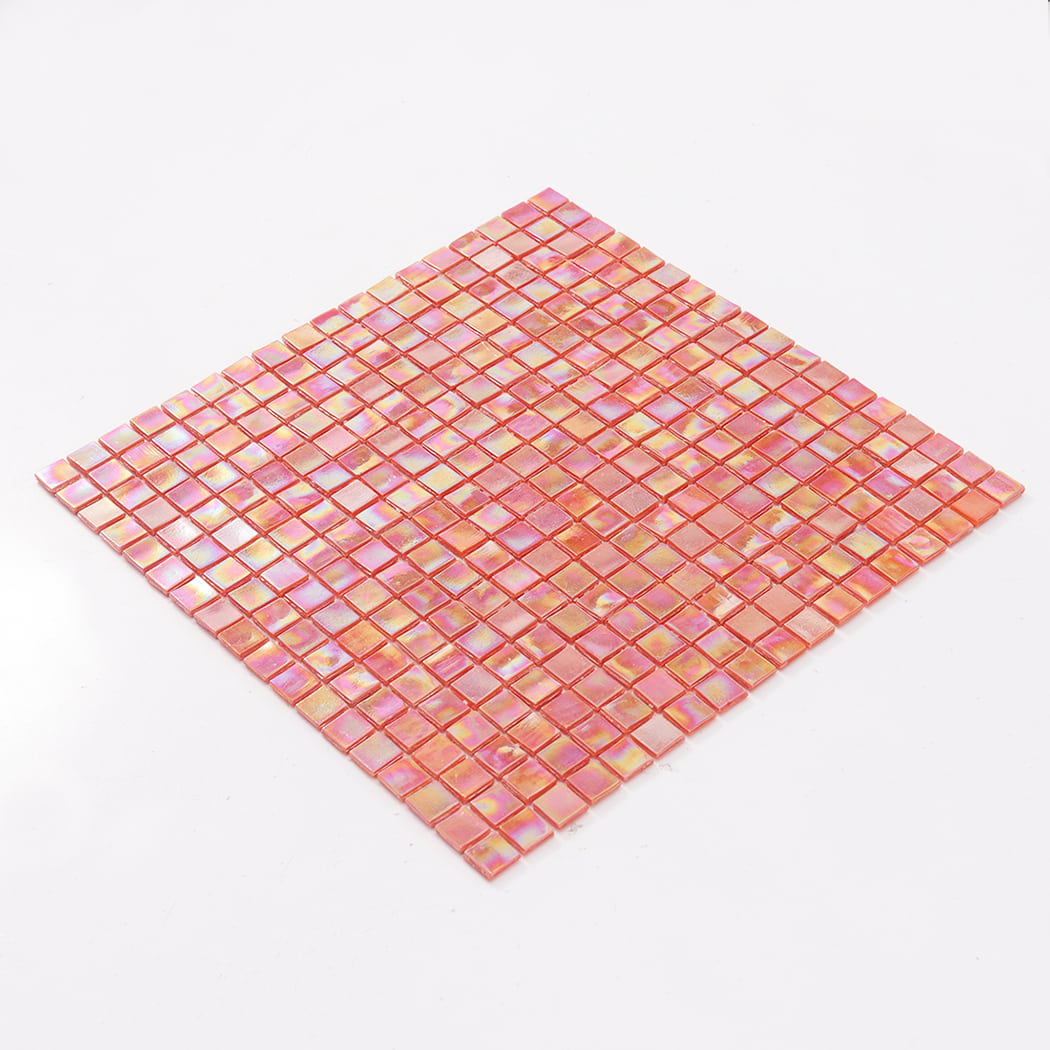 Angled view of a full orange iridescent square glass mosaic tile sheet