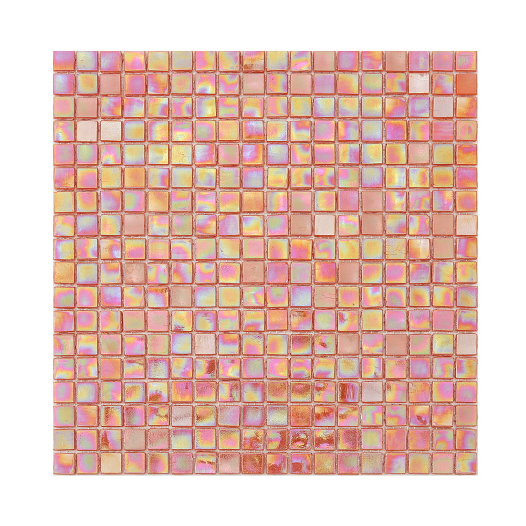 Full sheet of orange iridescent square glass mosaic tile on a light background