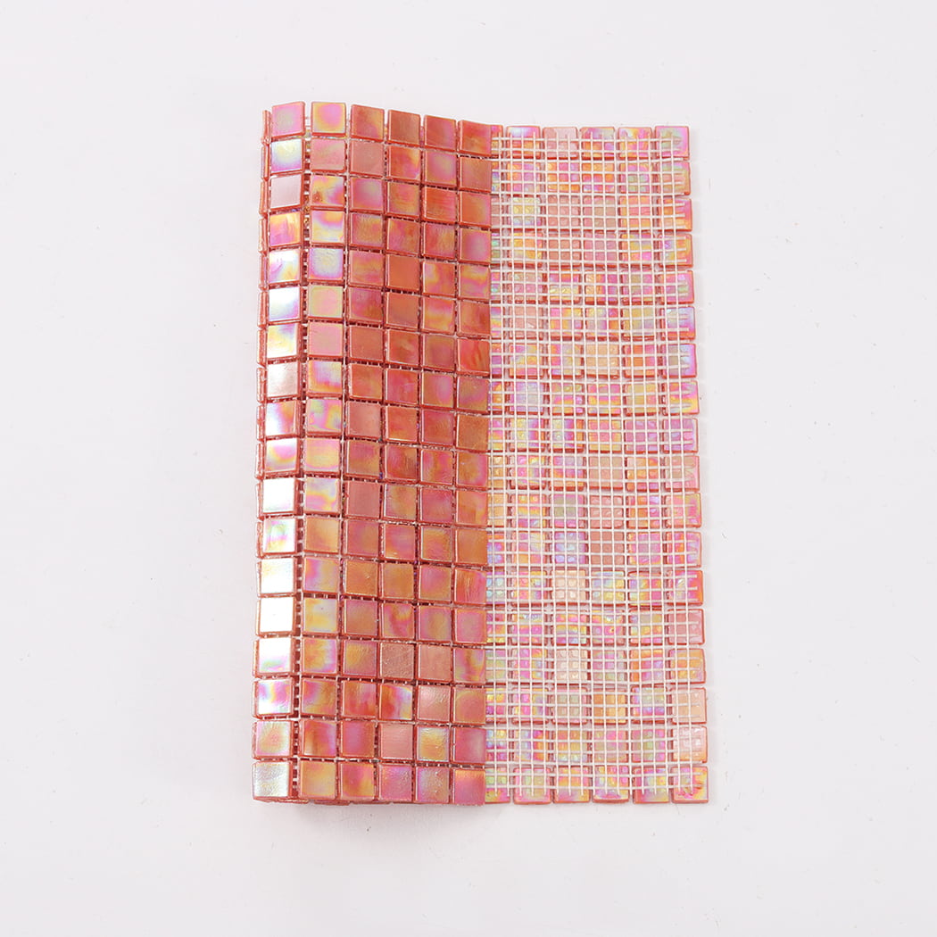 Orange iridescent square glass mosaic tile sheet showing front and mesh backing