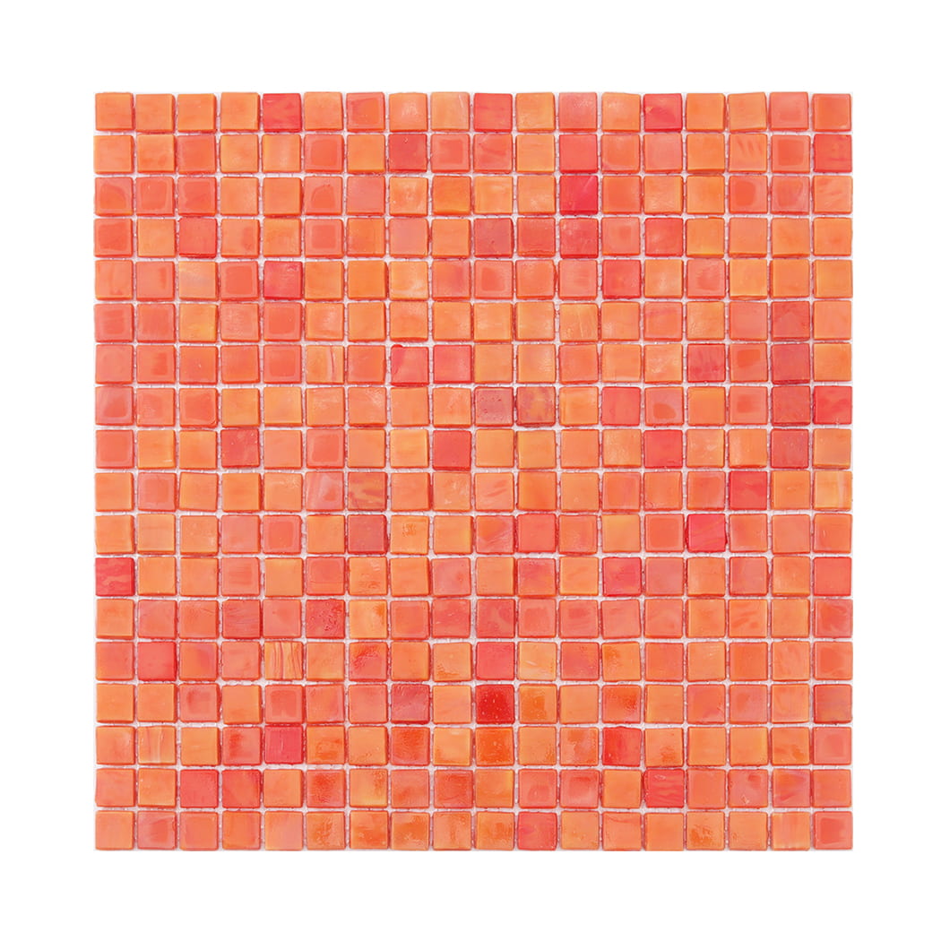 Full sheet of orange mixed square glass mosaic tile on a light background