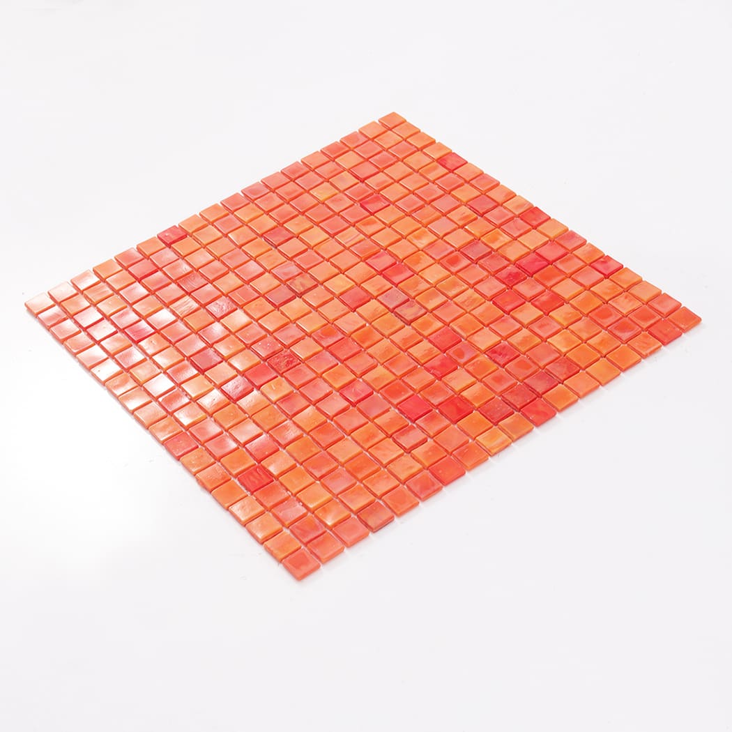 Perspective view of orange mixed square glass mosaic tile sheet