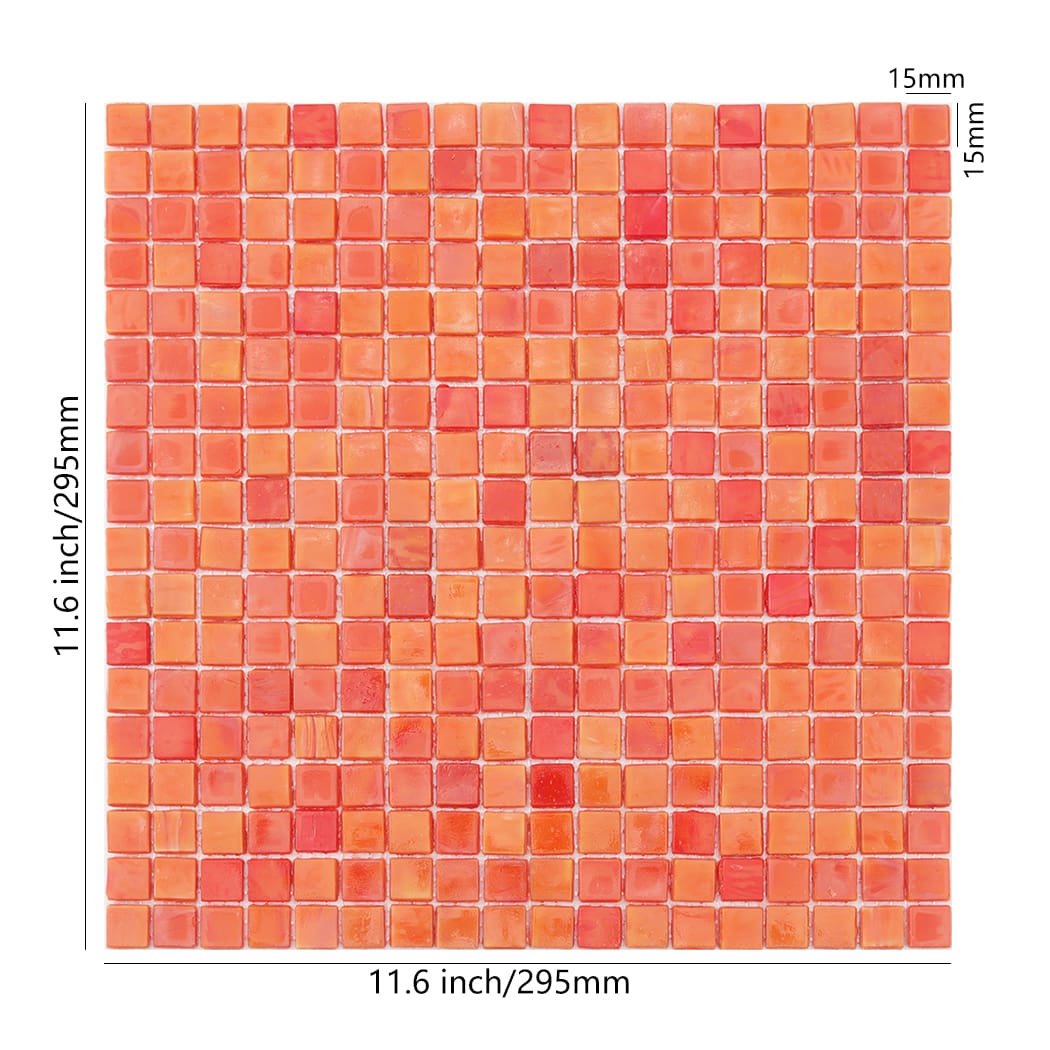 Orange mixed square glass mosaic tile sheet with size details and 15mm chips
