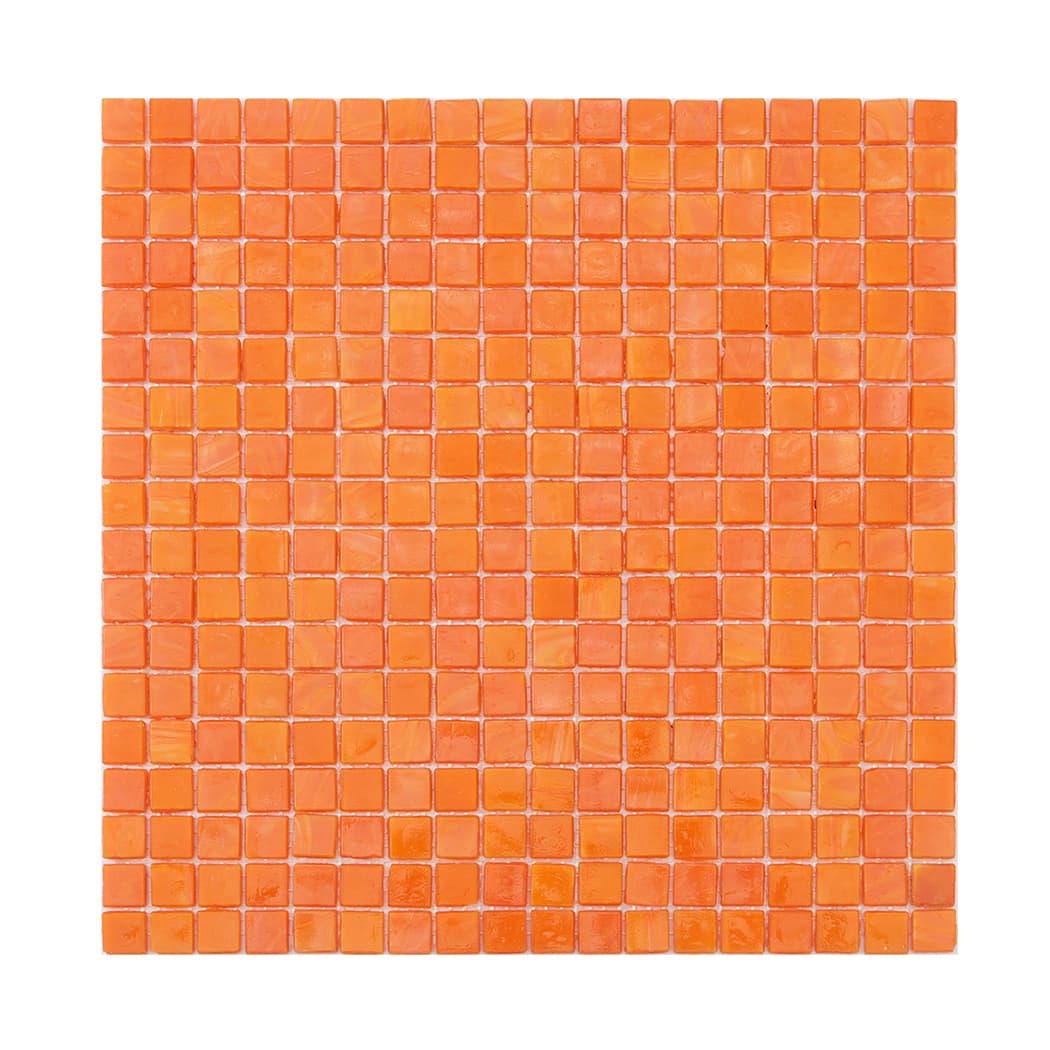 Full sheet of orange peach square glass mosaic tile on a light background