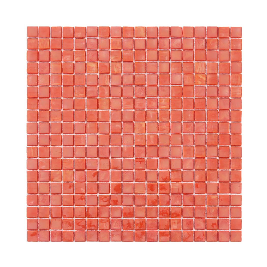 Full sheet of orange square glass mosaic tile on a light background