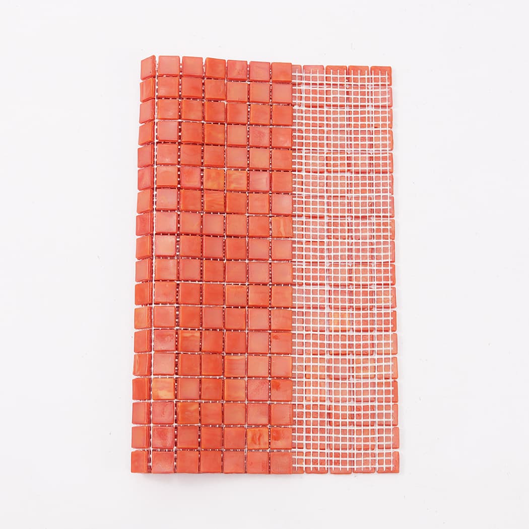 Orange square glass mosaic tile with visible white mesh backing