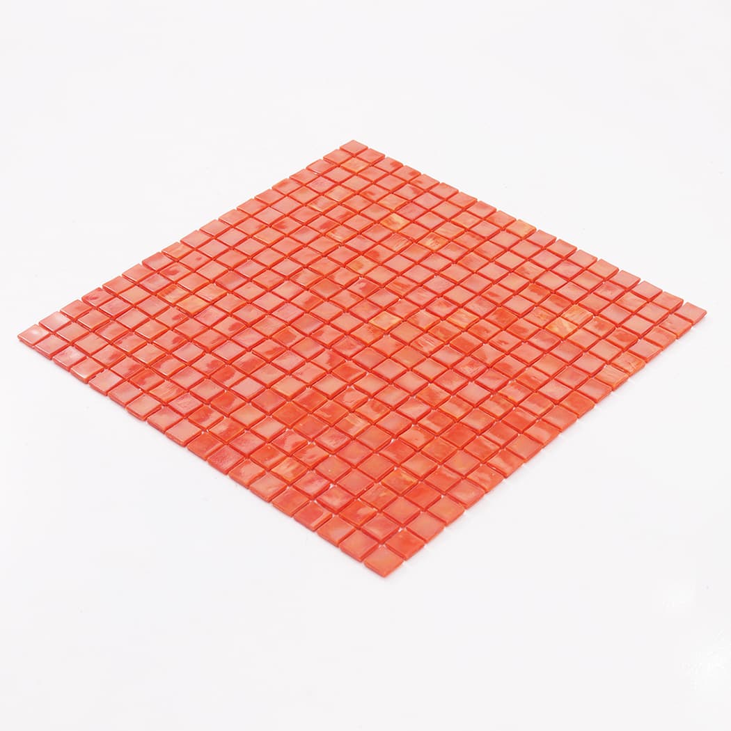 Perspective view of orange square glass mosaic tile sheet