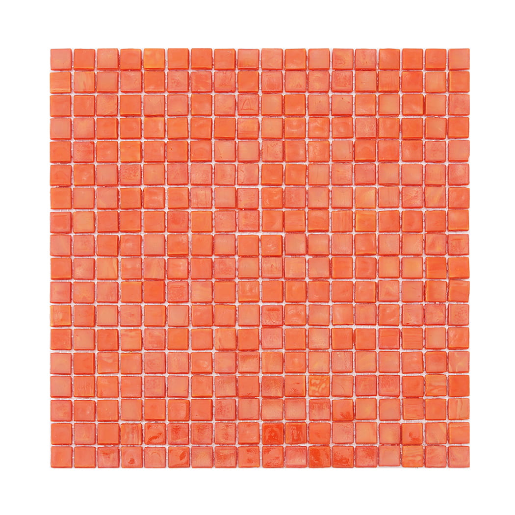 Full sheet of orange square glass mosaic tile on a light background