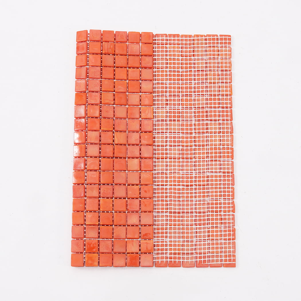 Orange square glass mosaic tile sheet showing front and mesh backing