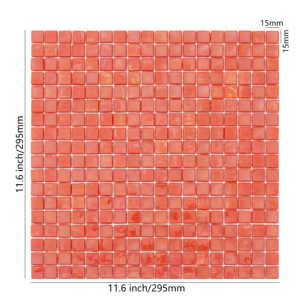 Orange square glass mosaic tile sheet with size details and 15mm chips