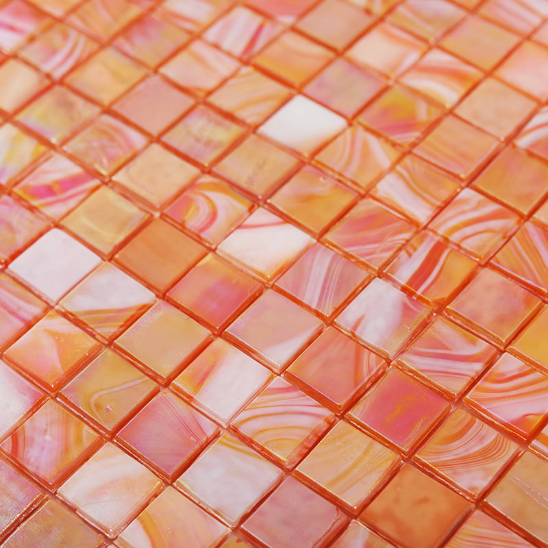 Orange swirl pattern square glass mosaic with matte and glossy mix
