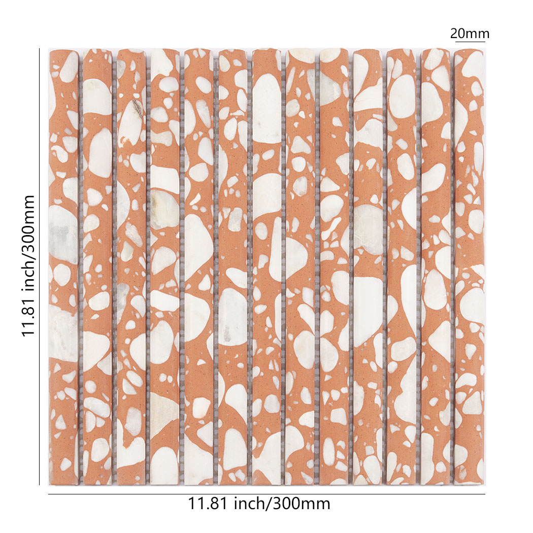 Orange terrazzo rounded fluted mosaic tile sheet with 20mm strips and 300mm size