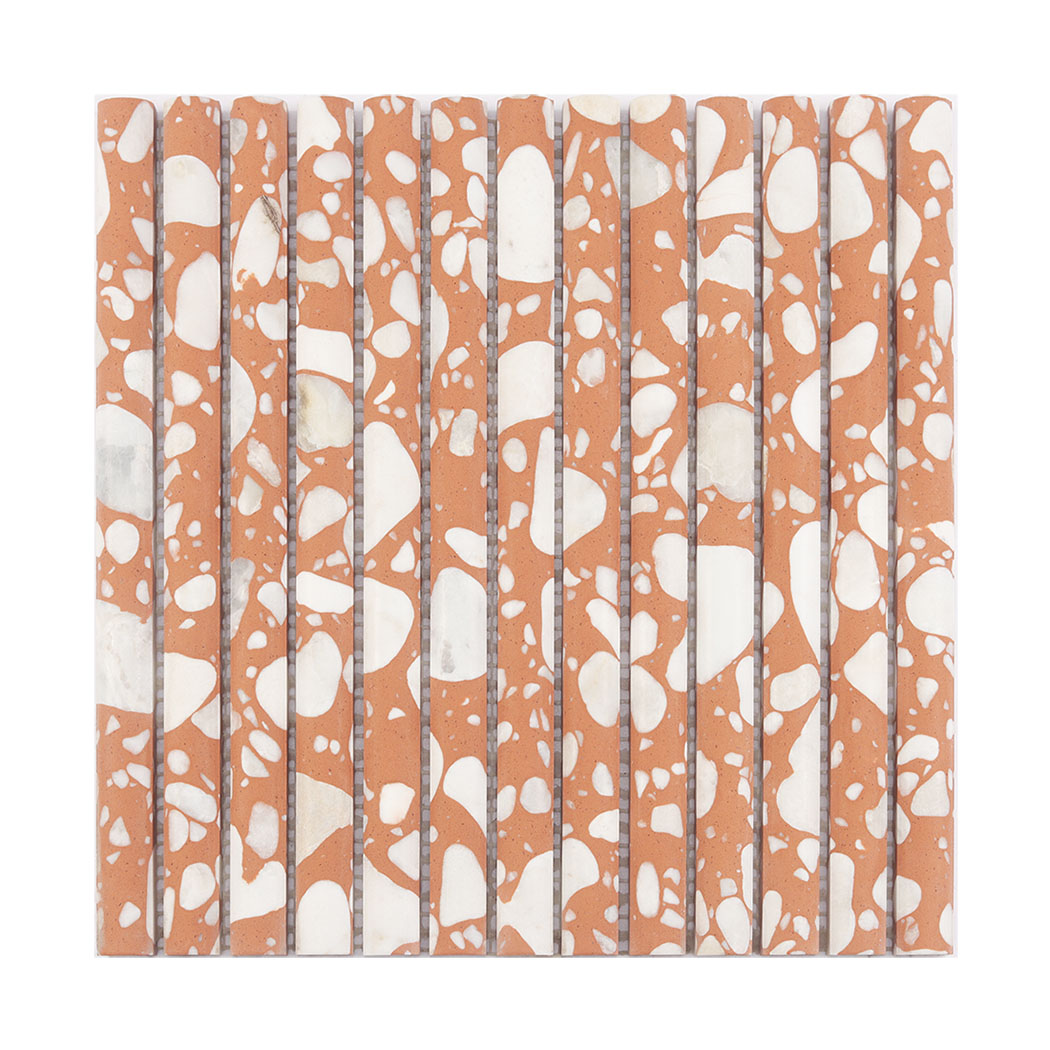 Full sheet of orange terrazzo rounded strip mosaic tile with white stone chips