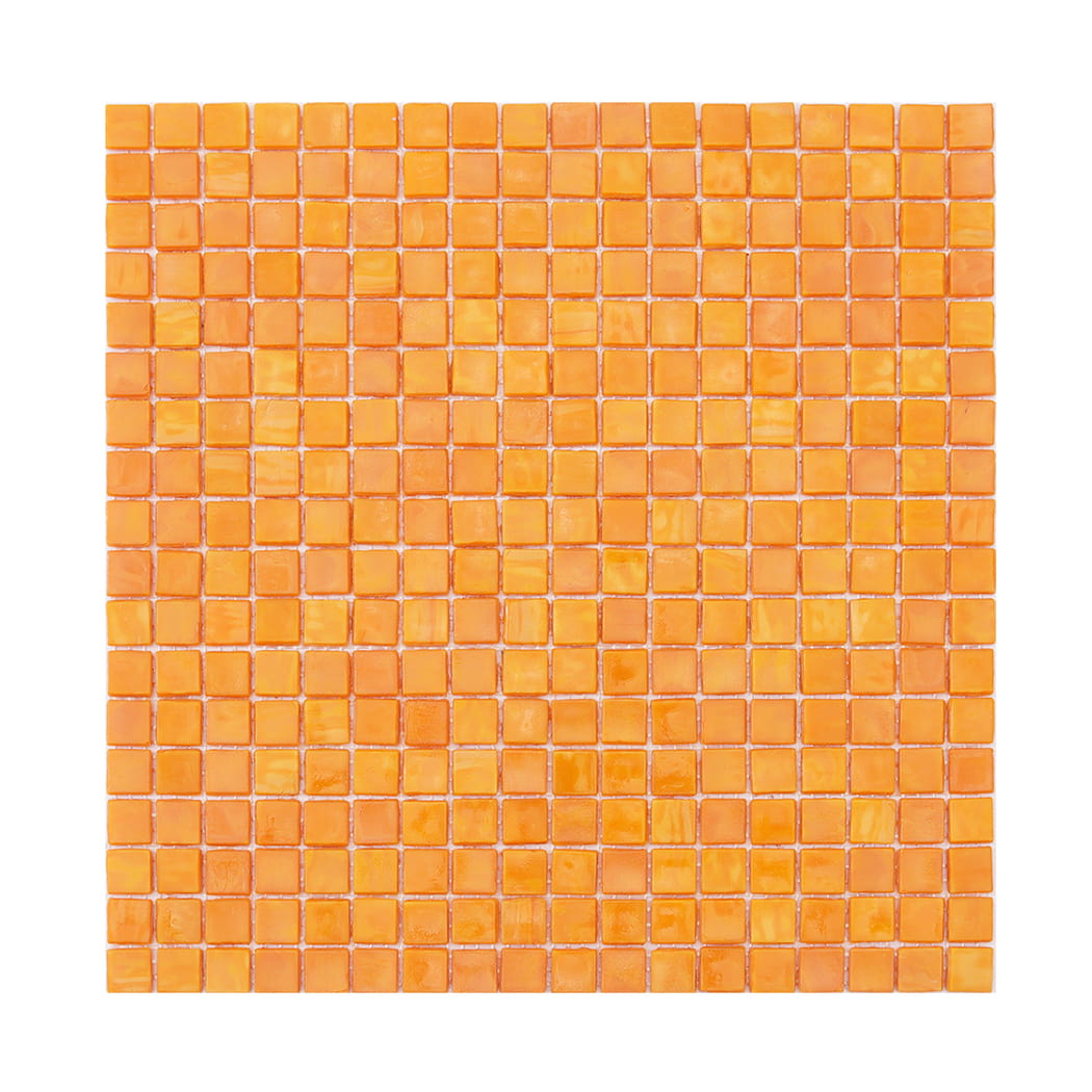 Full sheet of orange yellow square glass mosaic tile on a light background