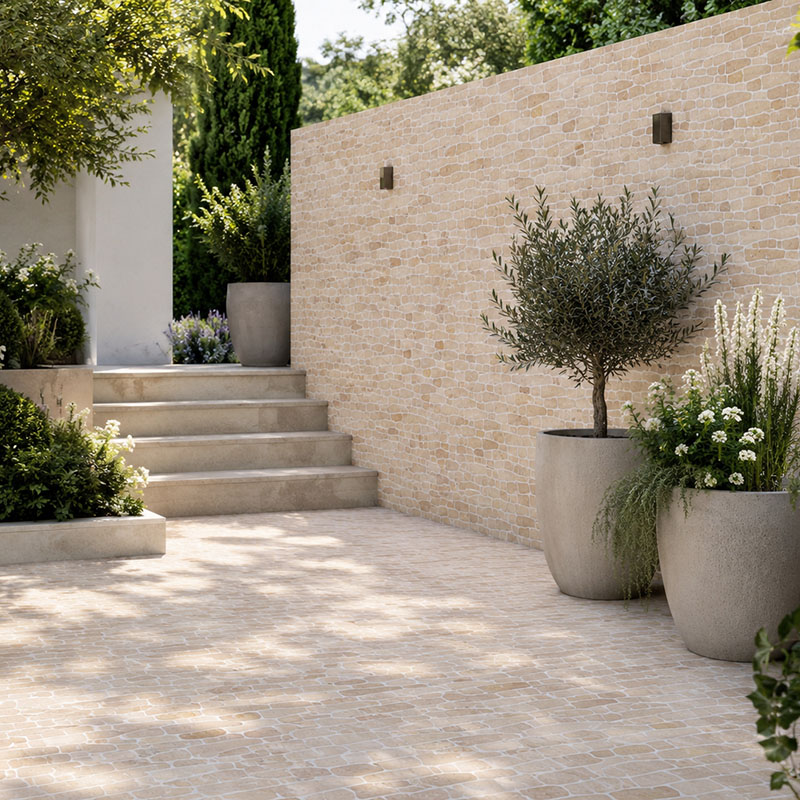 Outdoor marble tile patio with beige stone wall, steps, and garden plants