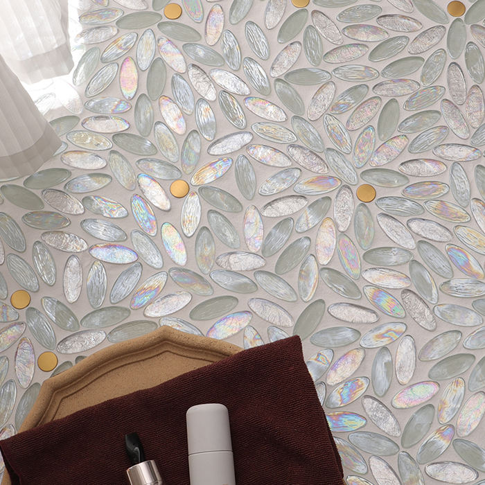 Elegant Floral Mosaic Floor Tiles with White Oval and Gold Circles