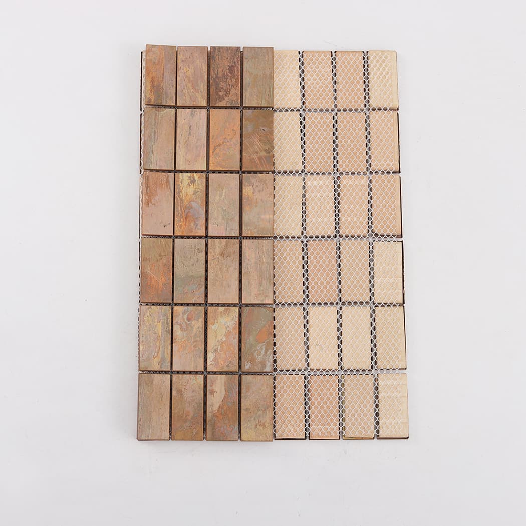 Back view of oxidized copper rectangular mosaic tile sheet with mesh backing