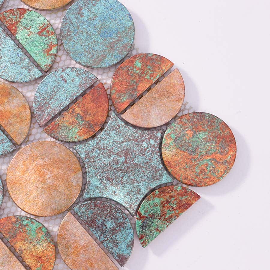 Close-up corner detail of oxidized copper penny round mosaic sheet