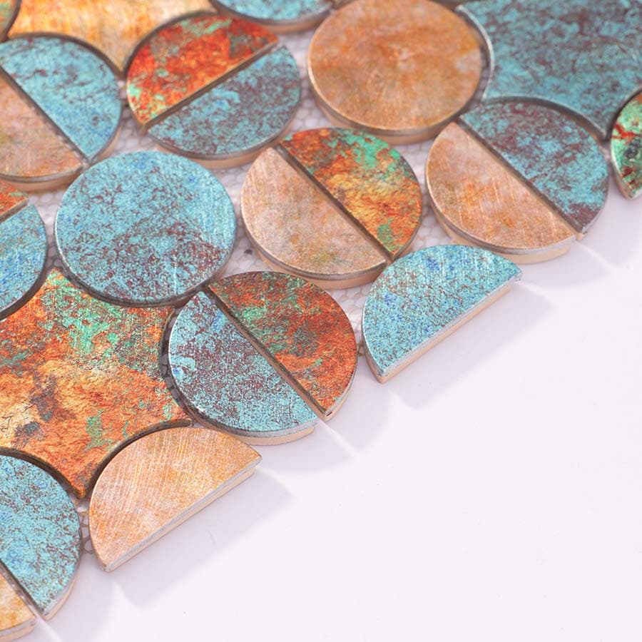 Edge view of oxidized copper penny round aluminum mosaic tile