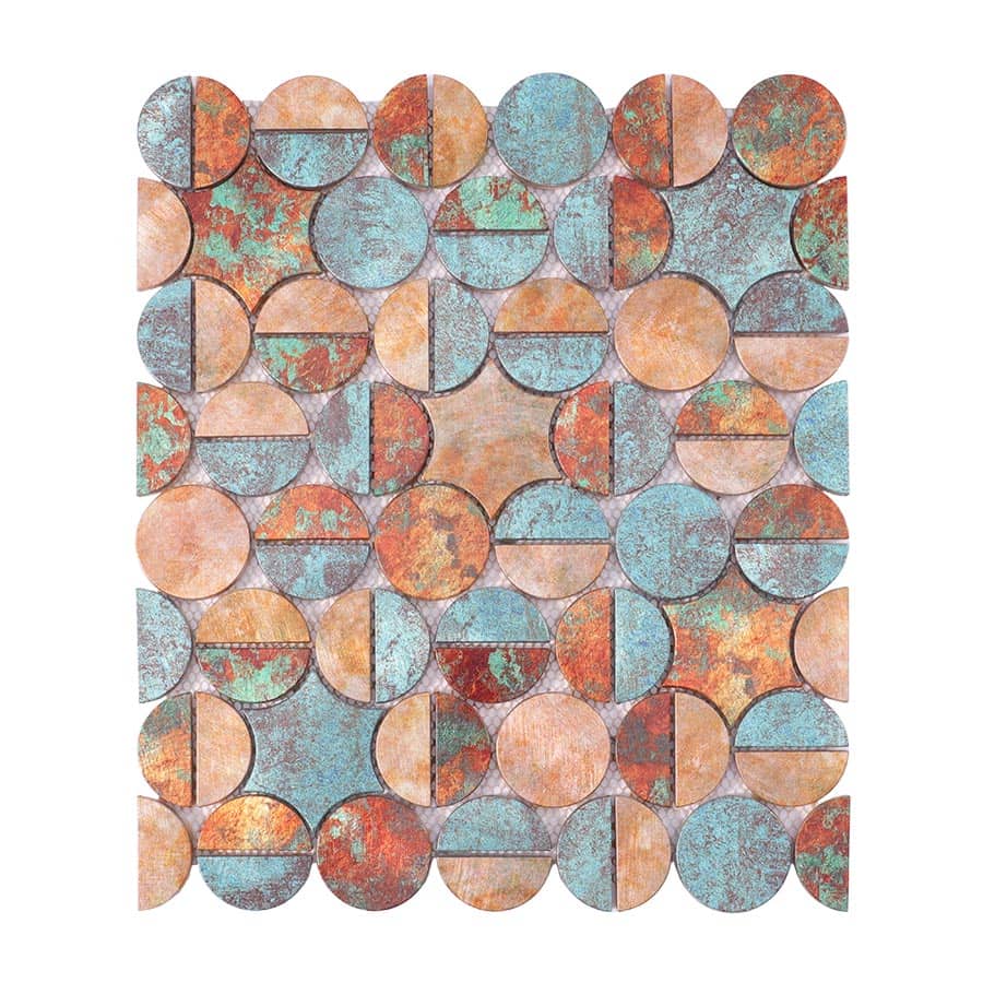 Front view of colorful oxidized copper penny round aluminum mosaic tile