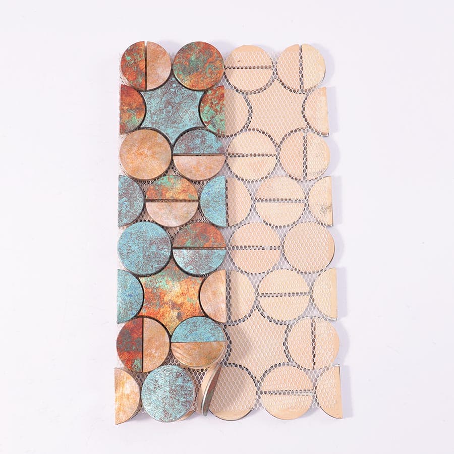 Backside mesh of oxidized copper penny round aluminum tile sheet
