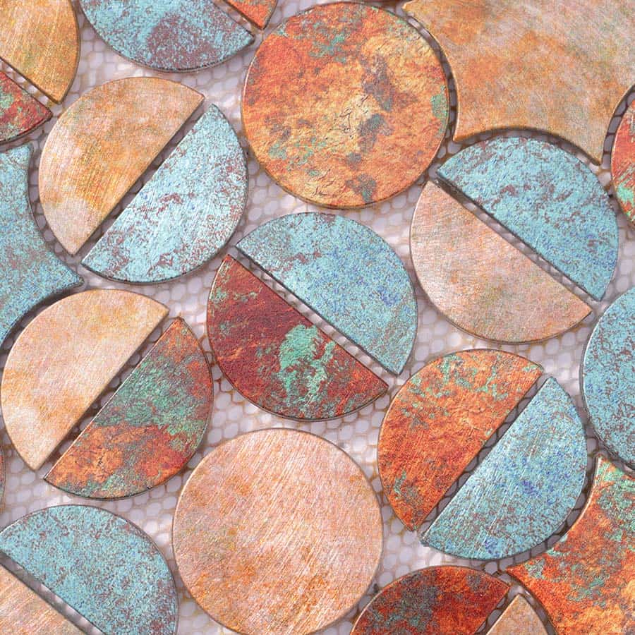Close-up texture of oxidized copper finish aluminum penny tiles