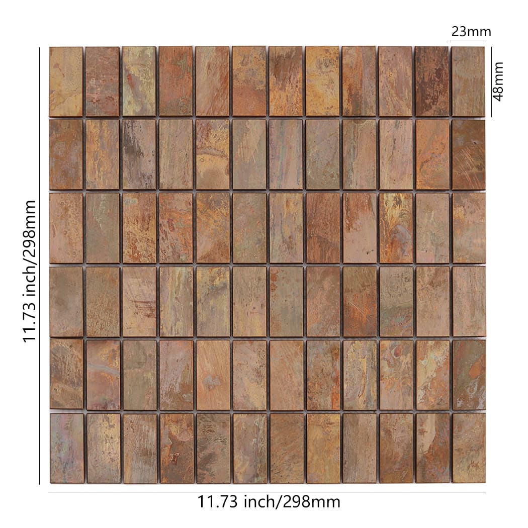 Oxidized copper rectangular mosaic tile sheet with size markings