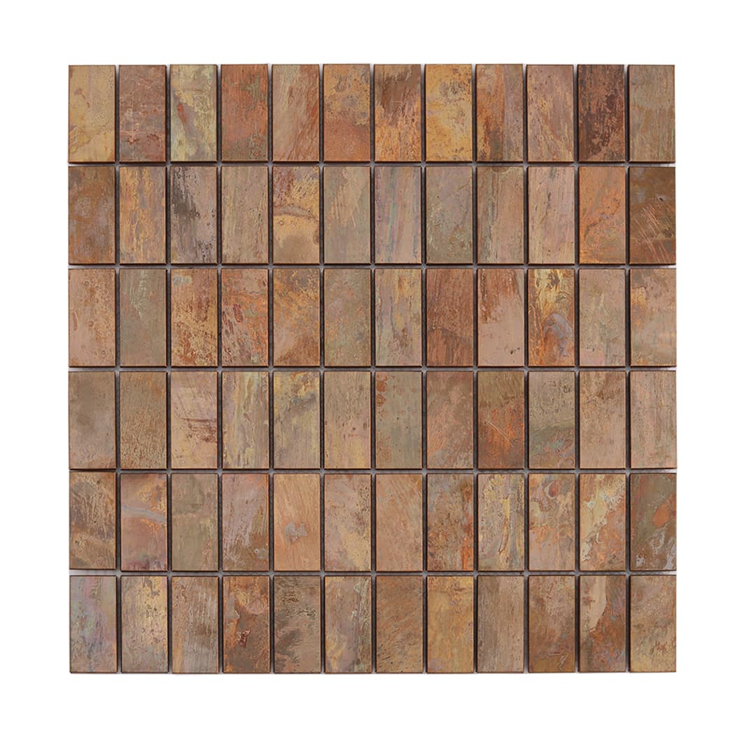 Front view of oxidized copper rectangular mosaic tile sheet