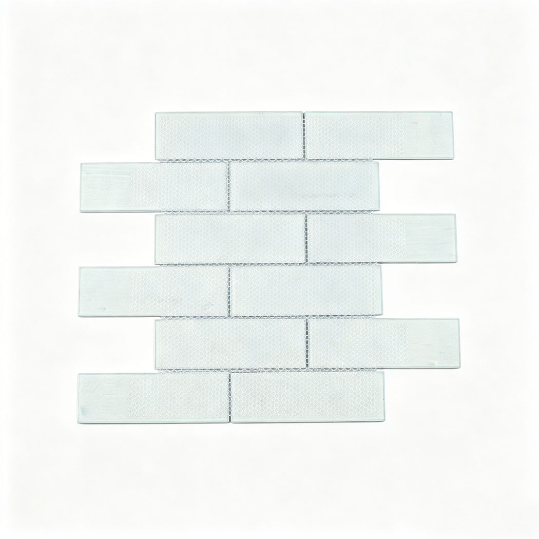 Back side of turquoise glass subway tile sheet with pale mesh mounting