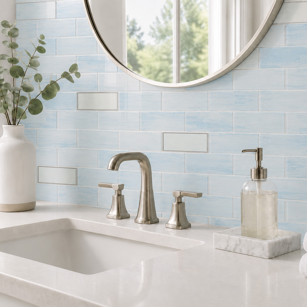 Pale blue glass subway tile vanity backsplash with silver framed accents