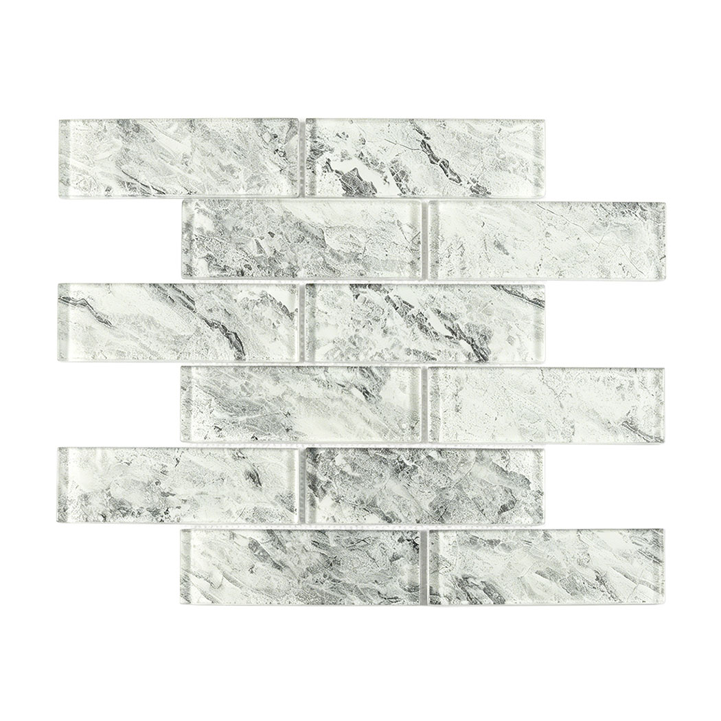 Pale gray abstract glass subway mosaic sheet in staggered brick pattern