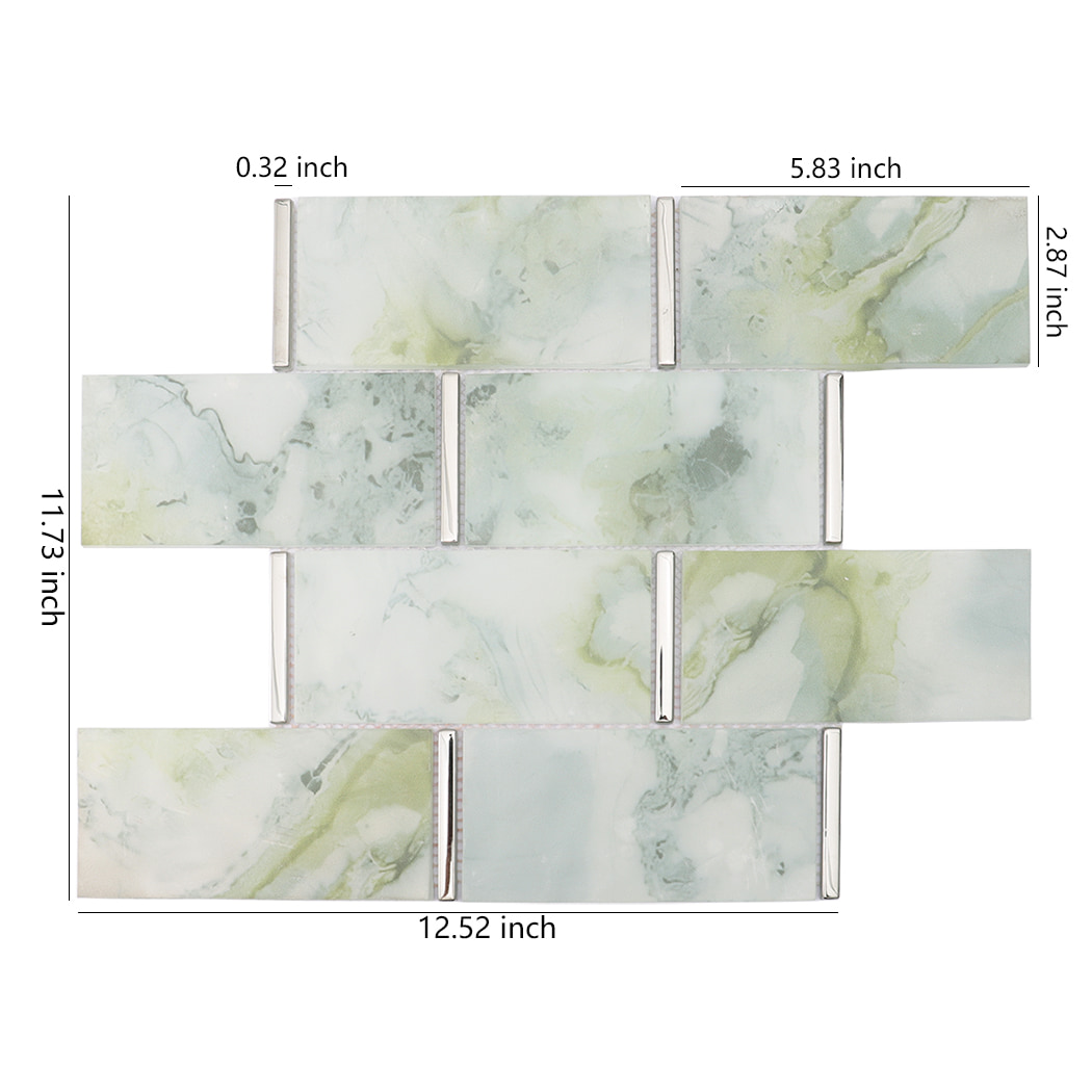 Pale green glass subway mosaic tile sheet with silver electroplated glass accents