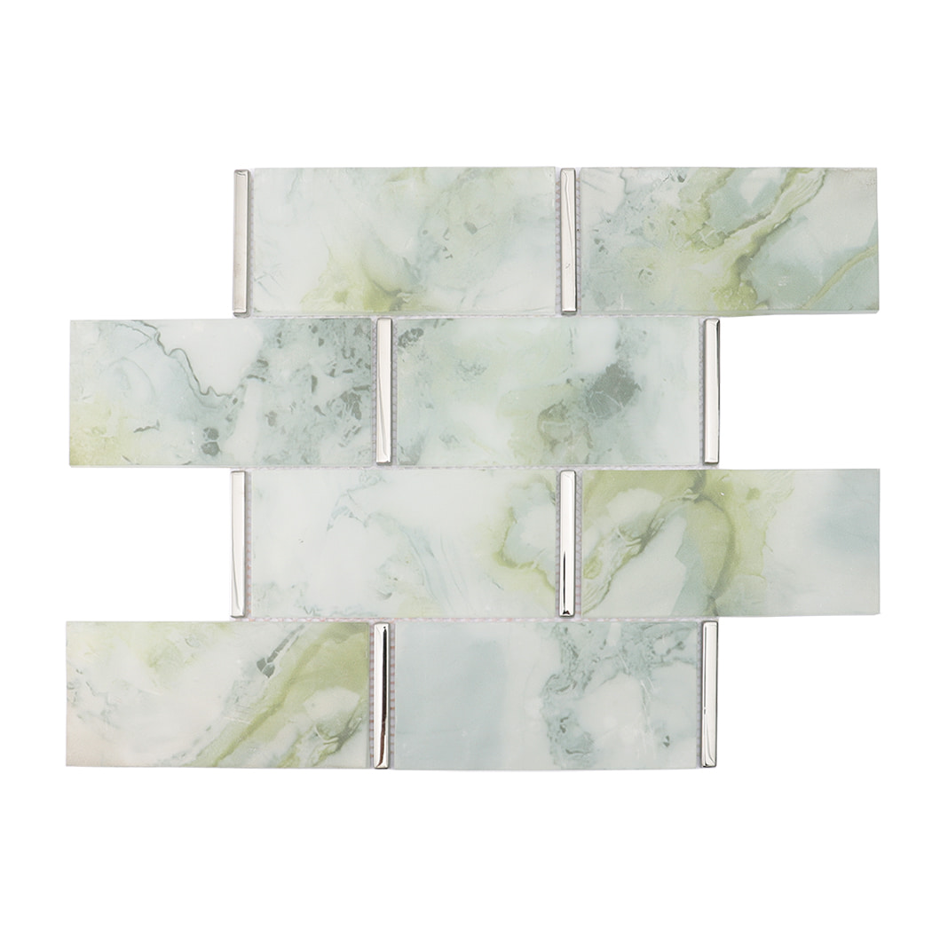 Pale green marble look glass subway mosaic tile sheet with silver accents