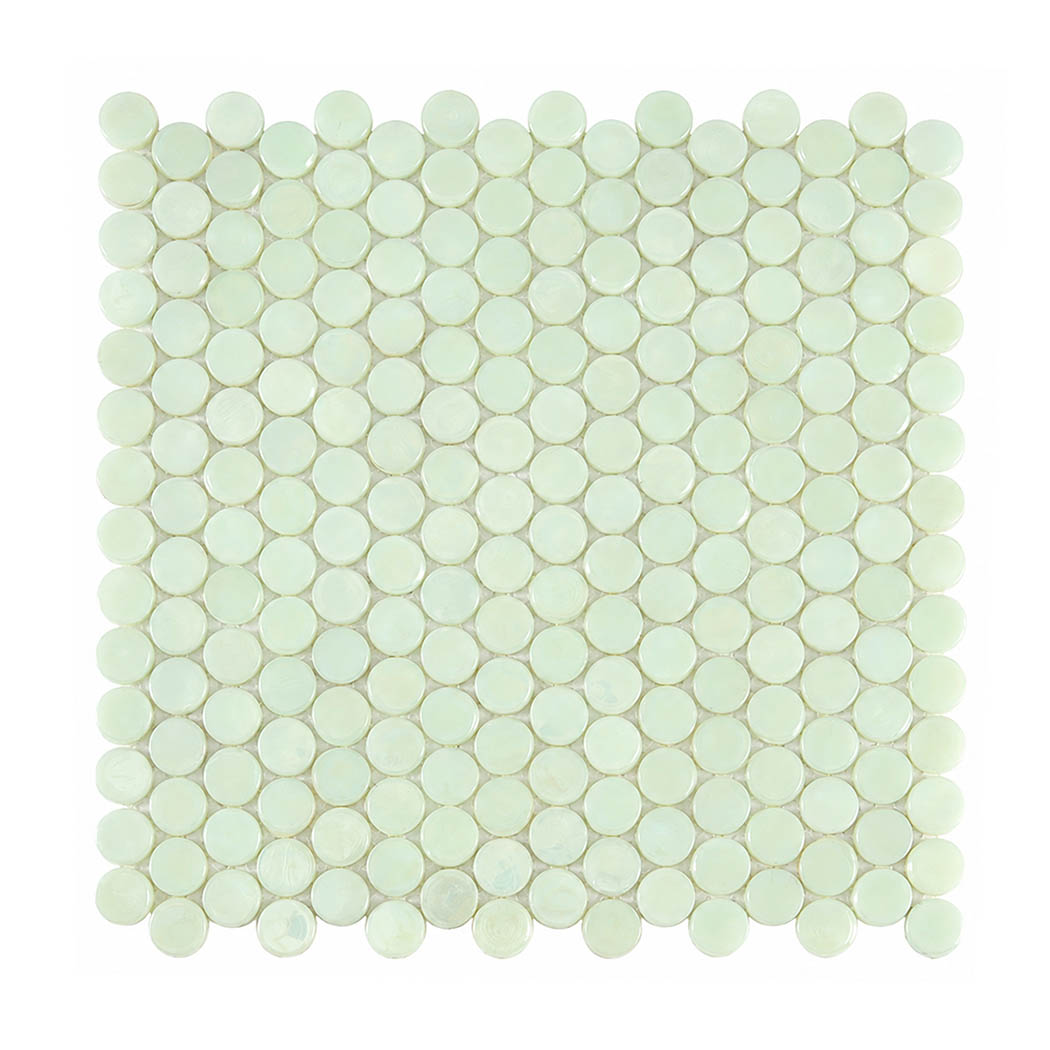 Pale green iridescent round glass mosaic tile sheet on a white background