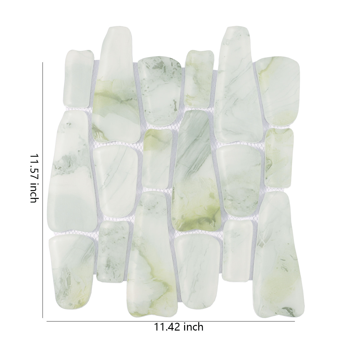 Pale green irregular glass mosaic tile sheet with 11.42 x 11.57 inch dimensions