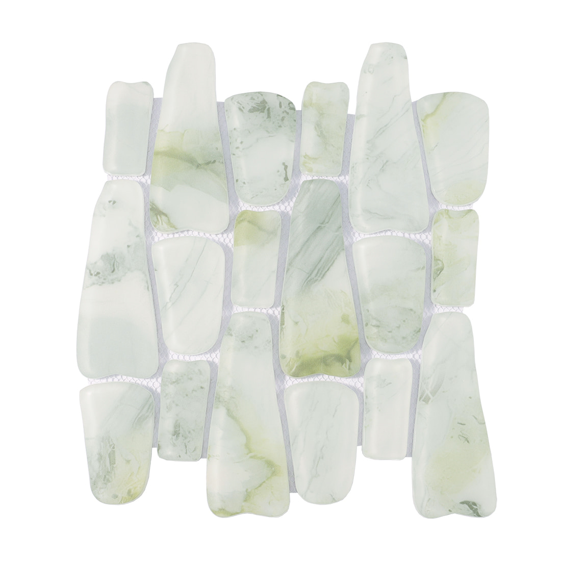 Pale green irregular glass mosaic tile sheet on white background