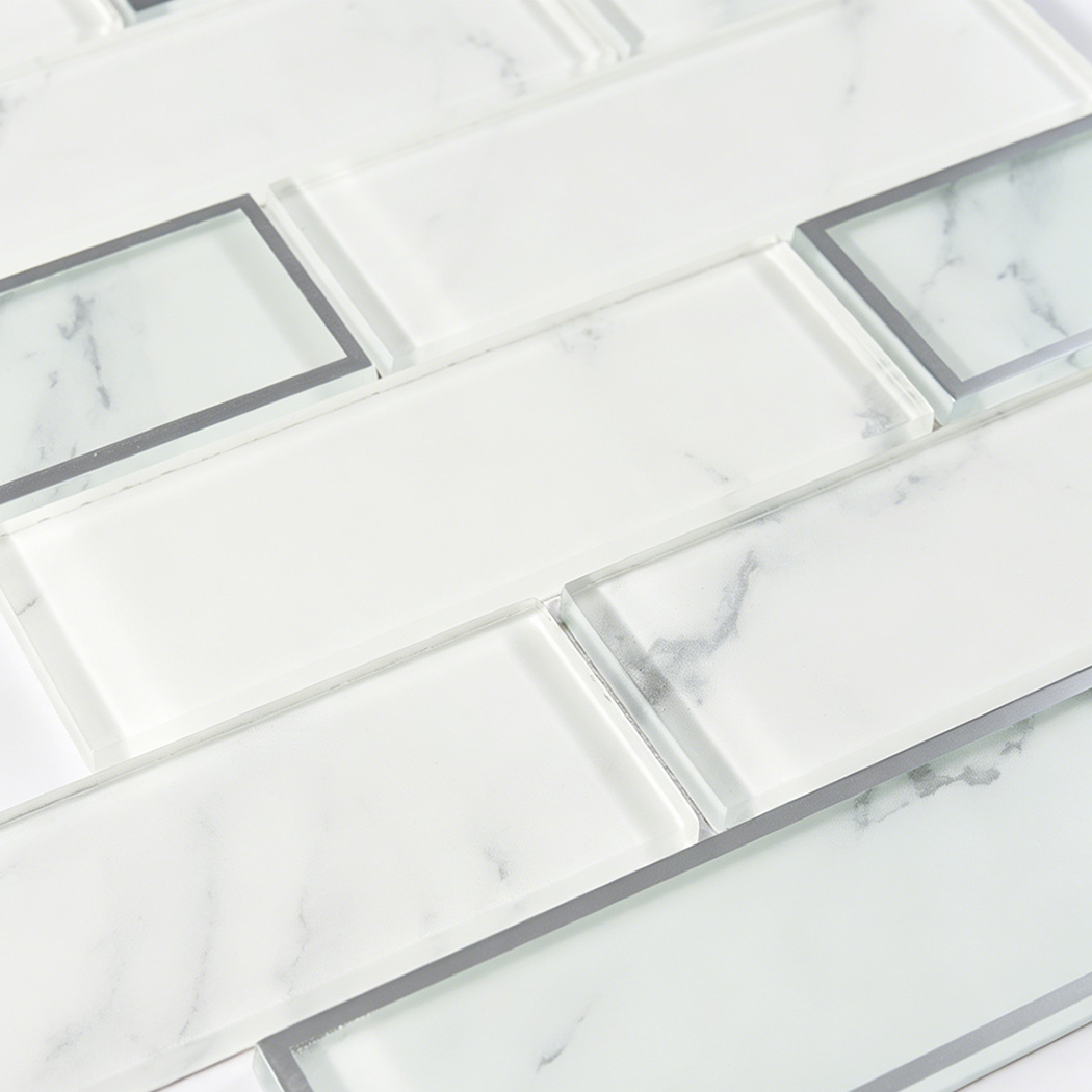 Pale white glass subway tile texture with silver trim and beveled edges